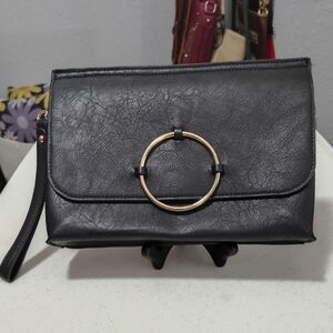 Black Wristlet Clutch with Gold Ring Accent